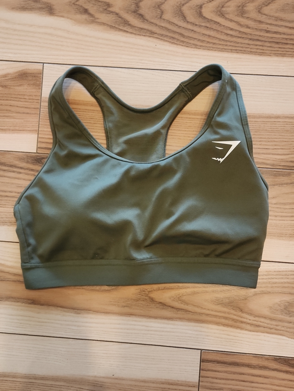 Gymshark Olive Green Racerback Sports Bra with White Logo